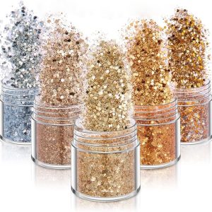 5 Boxes Sparkle Gold Glitters Autumn Holographic Sequins for Acrylic Nail Art Supplies, 3D Iridescent Powder Flakes Glitters for Manicure Body Eyes Hair Makeup Decoration