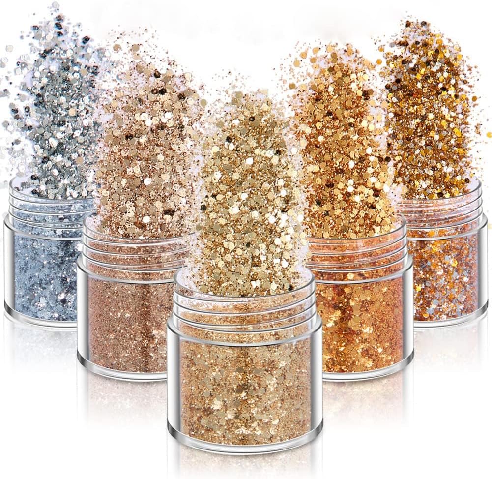 5 Boxes Sparkle Gold Glitters Autumn Holographic Sequins for Acrylic Nail Art Supplies, 3D Iridescent Powder Flakes Glitters for Manicure Body Eyes Hair Makeup Decoration