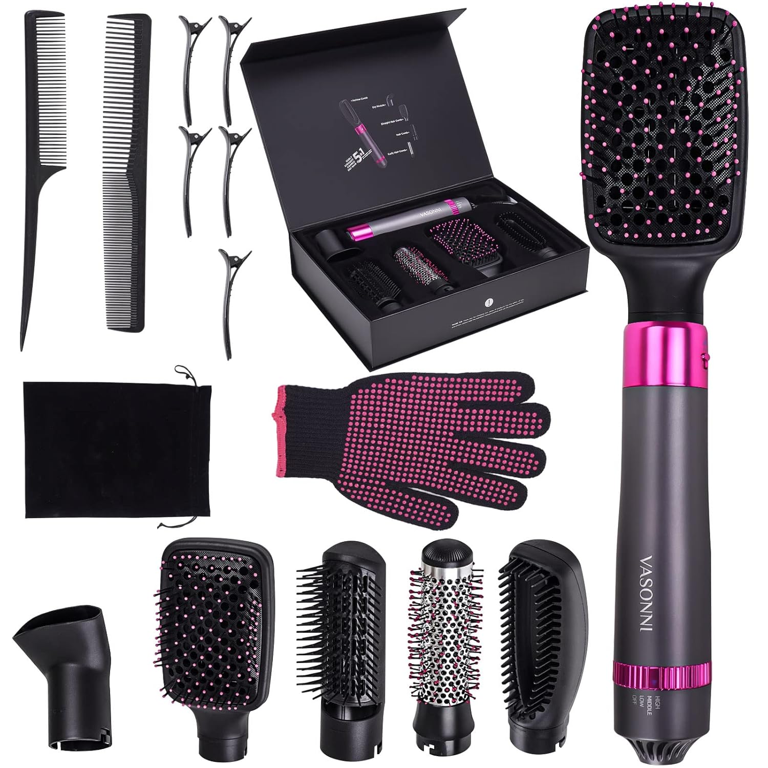 5 in 1 Hair Dryer Brush, Negative Ion Electric Hot Air Blow Dryer Brush Comb (black-red)