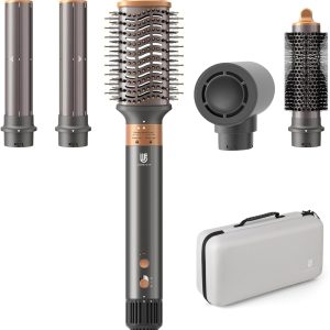 5 in 1 Hot Air Brush Hair Dryer Air Styler - 110,000 RPM Fast Drying, Curling, Straightening with Ceramic Coating & Negative Ion, No Heat Damage for All Hair Types, Includes Travel Case