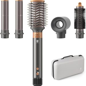 5 in 1 Hot Air Brush Hair Dryer Air Styler - 110,000 RPM Fast Drying, Curling, Straightening with Ceramic Coating & Negative Ion, No Heat Damage for All Hair Types, Includes Travel Case (Gold)