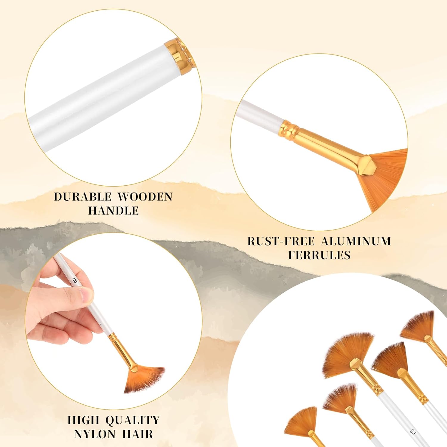 5 Pcs Fan Paint Brushes Set Acrylic Paint Brushes Set Professional Soft Anti-Shedding Nylon Hair Fan Paint Brush with Long Wood Handles for Acrylic Painting, Oil Watercolor Painting - Image 3