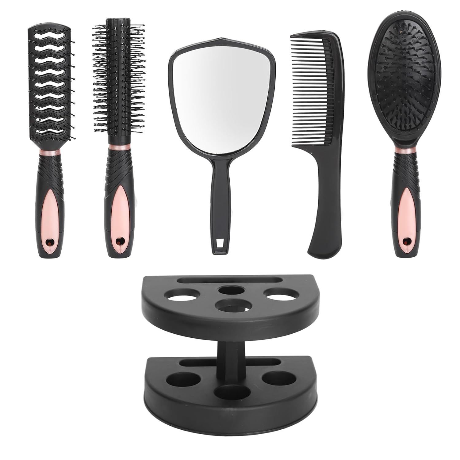 5 Pcs Hair Brush Comb Set with Mirror and Holder Base, Paddle Hair Brush and Hair Comb Set for Wet or Dry Hair, Detangling Brush Hair Combs for Straight, Curly, and All Hair Types