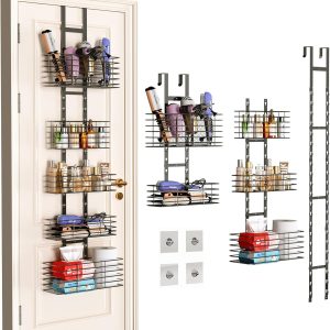 5-Tier Over The Door Bathroom Organizer - Hair Dryer Holder - Hair Tool Organizer Adjustable Height, DIY Bathroom Storage Shelf Wall Mounted for Flat/Curling Irons, Straighteners, Skincare