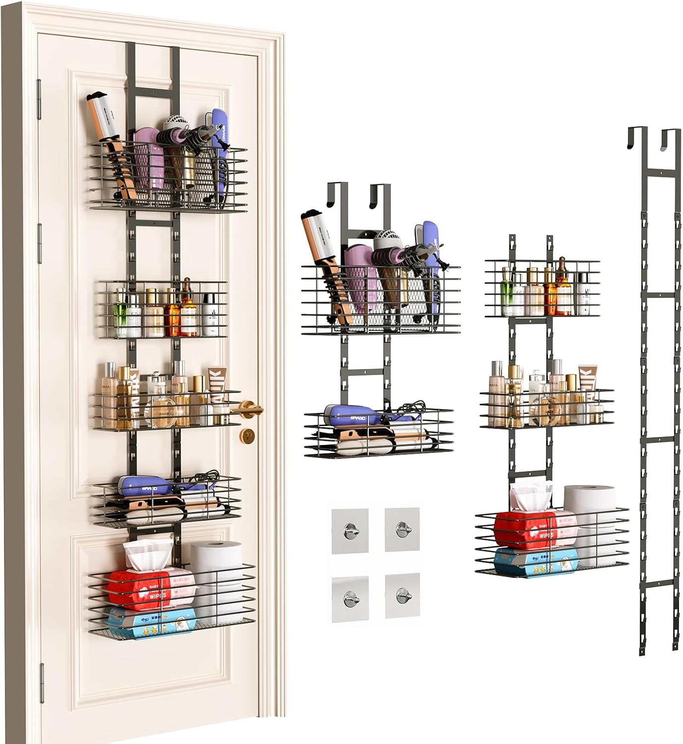 5-Tier Over The Door Bathroom Organizer - Hair Dryer Holder - Hair Tool Organizer Adjustable Height, DIY Bathroom Storage Shelf Wall Mounted for Flat/Curling Irons, Straighteners, Skincare