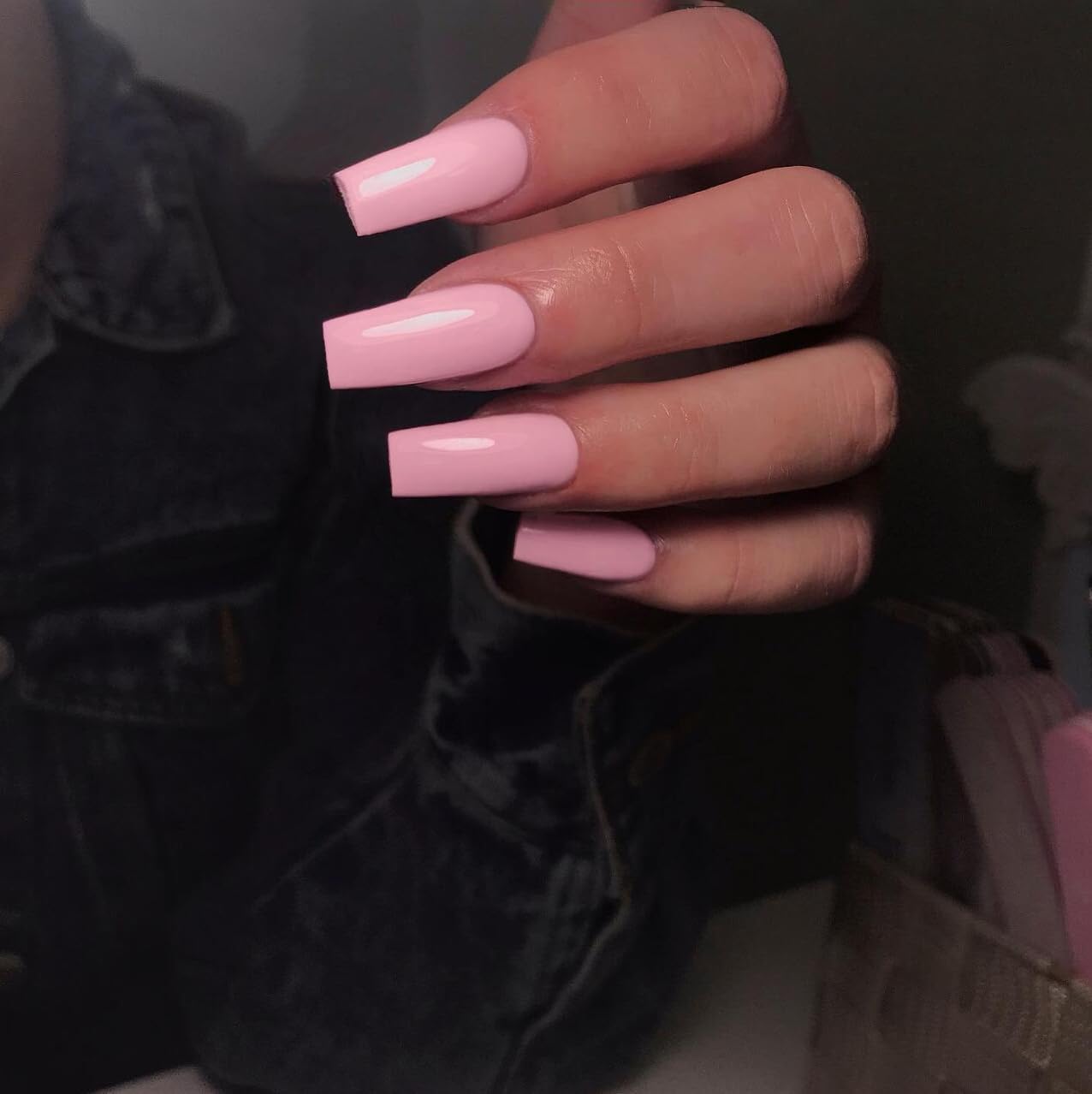 KQueenest Baby Pink Press on Nails Long Medium Square, Glossy Gel Medium Fake Nails Press ons, Natural Solid Color Full Cover Acrylic Nails for Women Daily Wear, 24 Pcs - Image 3