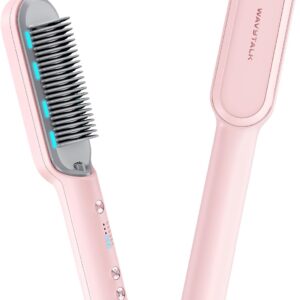 Wavytalk Hair Straightener Brush, Sleek Sweep Ionic Straightening Brush with 6 Temperature Adjust, Anti-Scald Ceramic Straightening Comb Fast Heating for Home Salon, Dual Voltage Pink.