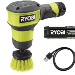 RYOBI USB Lithium Compact Scrubber Kit with 2.0 Ah Battery, USB Charging Cord, and 2 in. Medium Bristle Brush, Green