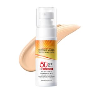Tinted Mineral Sunscreen for Face - Tinted Moisturizer with SPF 50+ with Zinc Oxide - Face Sunscreen for Women Men - Fa ce Sun screen Lotion with Hyaluronic Acid & Vitamin C, Water & Sweat Proof