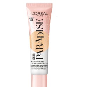 L'Oreal Paris Skin Paradise Water-infused Tinted Moisturizer with Broad Spectrum SPF 19 sunscreen lightweight, natural coverage up to 24h hydration for a fresh, glowing complexion, Light 02, 1 fl oz