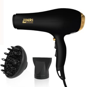 JINRI Hair Dryer,2000W,Ionic Technology & Infrared - Black, 3 Heat & 2 Speed, Detachable Air Intake, Concentrator/Diffuser, Hanging Strap, Non-Foldable