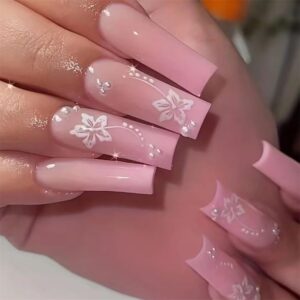 Long Square Press on Nails Pink Fake Glue on Nails with Exquisite Flower Design for Women Girls Full Cover Artificial Acrylic False Stick on Nail for Daily Wear Wedding 24Pcs