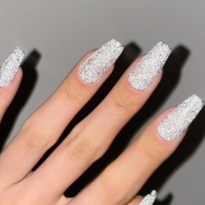 Redykat 24PCS Handmade Glossy Coffin Press-On Nails, Gel Extra Long Acrylic False Nails, Grey Glitter