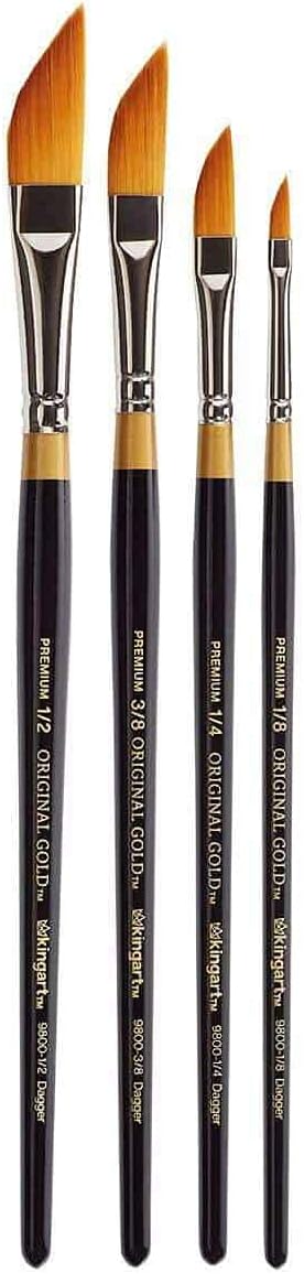 KINGART B-026 Premium 4 pc. Original Gold 9800 Series Dagger Striper Artist Brush Set, Synthetic Golden TaklonHair for Acrylic, Oil, Gouache Paint, Short Handle, 4 Sizes: 1/8", 1/4", 3/8", 1/2"