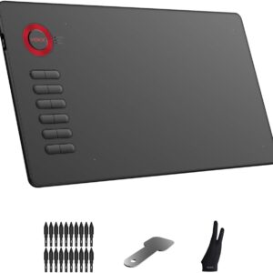 Drawing Tablet, VEIKK A15 10x6 inch Drawing Pad with 12 Shortcut Keys, 8192 Levels of Pressure and Battery-Free Pen, 20 Additional Nibs, Graphic Tablet for Win/Mac/Linux/Android OS （Red）