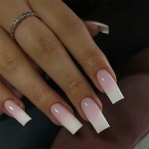 Press on Nails Medium Long Square Ombre Nude Pink White Fake Glue on Nails with Simple Design for Women Girls Full Cover Artificial Acrylic False Stick on Nail for Daily Wear Wedding 24Pcs