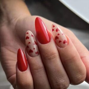 Valentine's Day Press on Nails Medium Red Heart False Nails Almond Fake Nails Red Full Cover Acrylic Nails Press ons Cute Valentine's Day Heart Stick Glue on Nails for Women Girls 24 Pcs