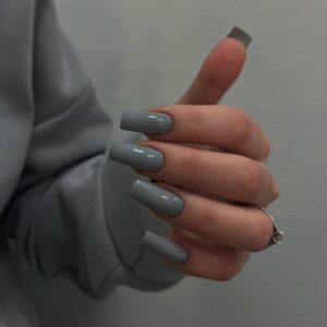 KQueenest Dark Grey Press on Nails Long Medium Square, Glossy Solid Fake Nails Press ons, Glue on Nails Medium Coffin, Gel Square Tip Nails, Acrylic Nails False Nails for Women Daily Wear, 24 Pcs
