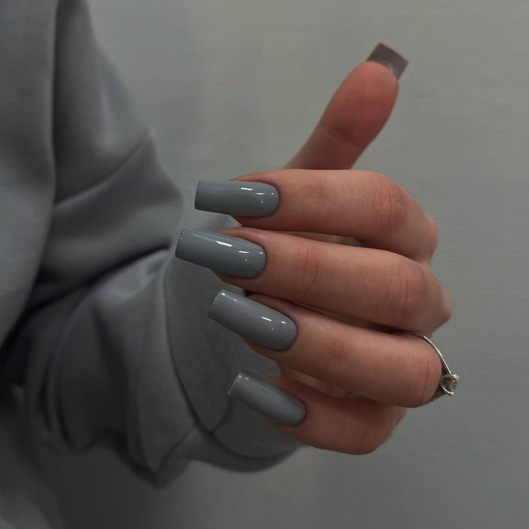 KQueenest Dark Grey Press on Nails Long Medium Square, Glossy Solid Fake Nails Press ons, Glue on Nails Medium Coffin, Gel Square Tip Nails, Acrylic Nails False Nails for Women Daily Wear, 24 Pcs