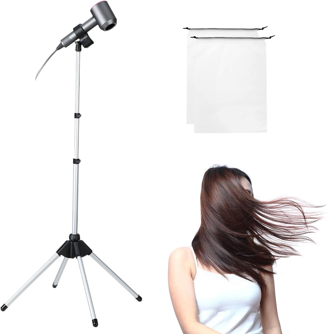 Hair Dryer Stand Hands Free, Portable Hair Dryer Holder Stand with Clamp & Non-Slip Quadpod, 63in/160CM Adjustable Floor Blower Stand Holder, Heavy Duty 360° Rotatable Foldable Lazy Hairdryer Standup