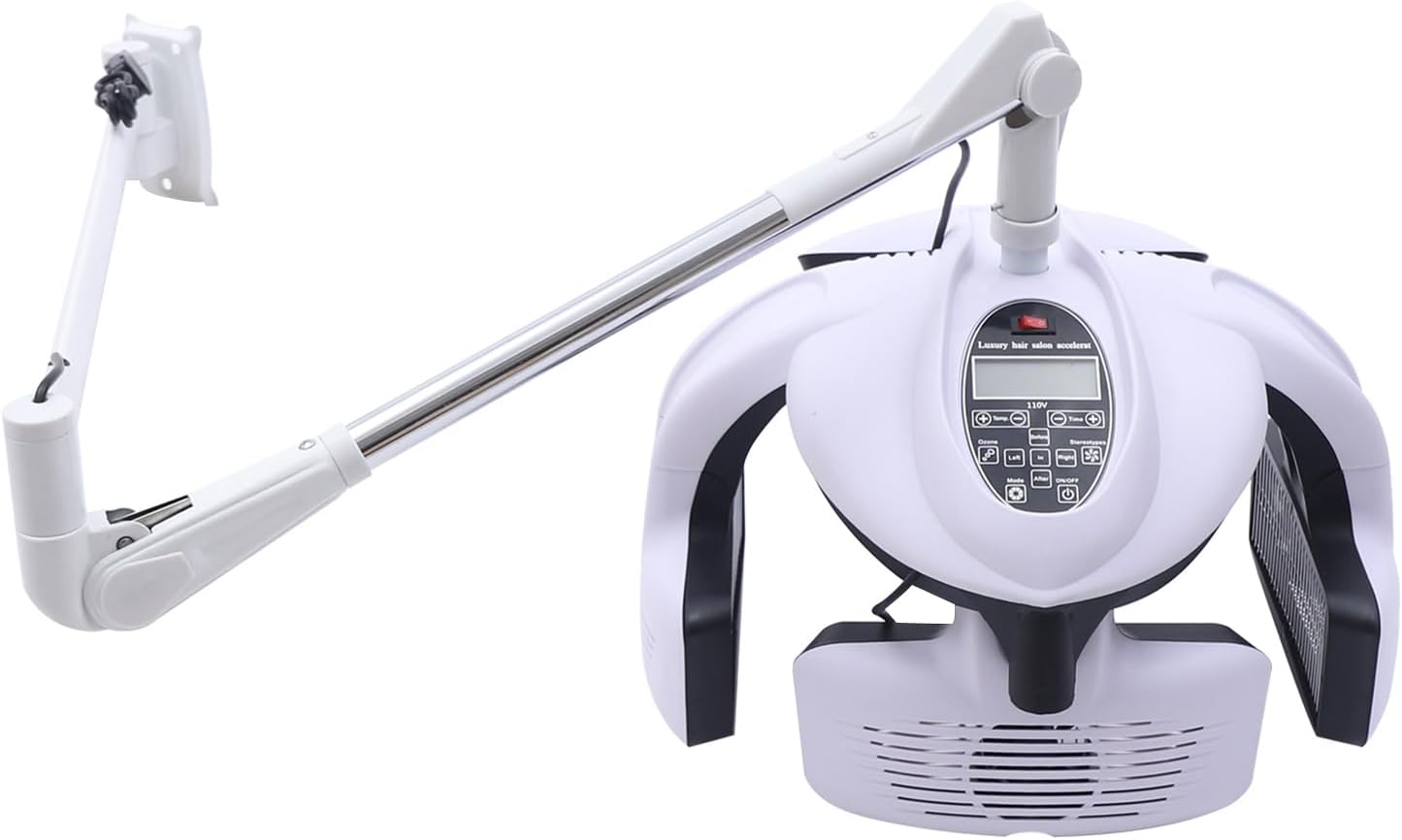 Multifunction Professional Hair Dryer, 1500W High Power Hairdressing Dryer with 5 Heating Discs and 360° Swivel Adjustable Arm, Salon Hair Color Processor Wall Mount with LCD Display (White)