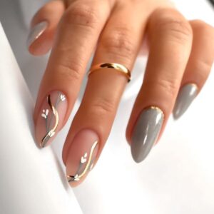 Almond Press on Nails Flower Fake Nails Medium False Nails with Designs Grey Acrylic Nails Gold Line Stick on Nails Spring Summer Glue on Nails Full Cover Glossy Artificial Fake Nails for Women Girls