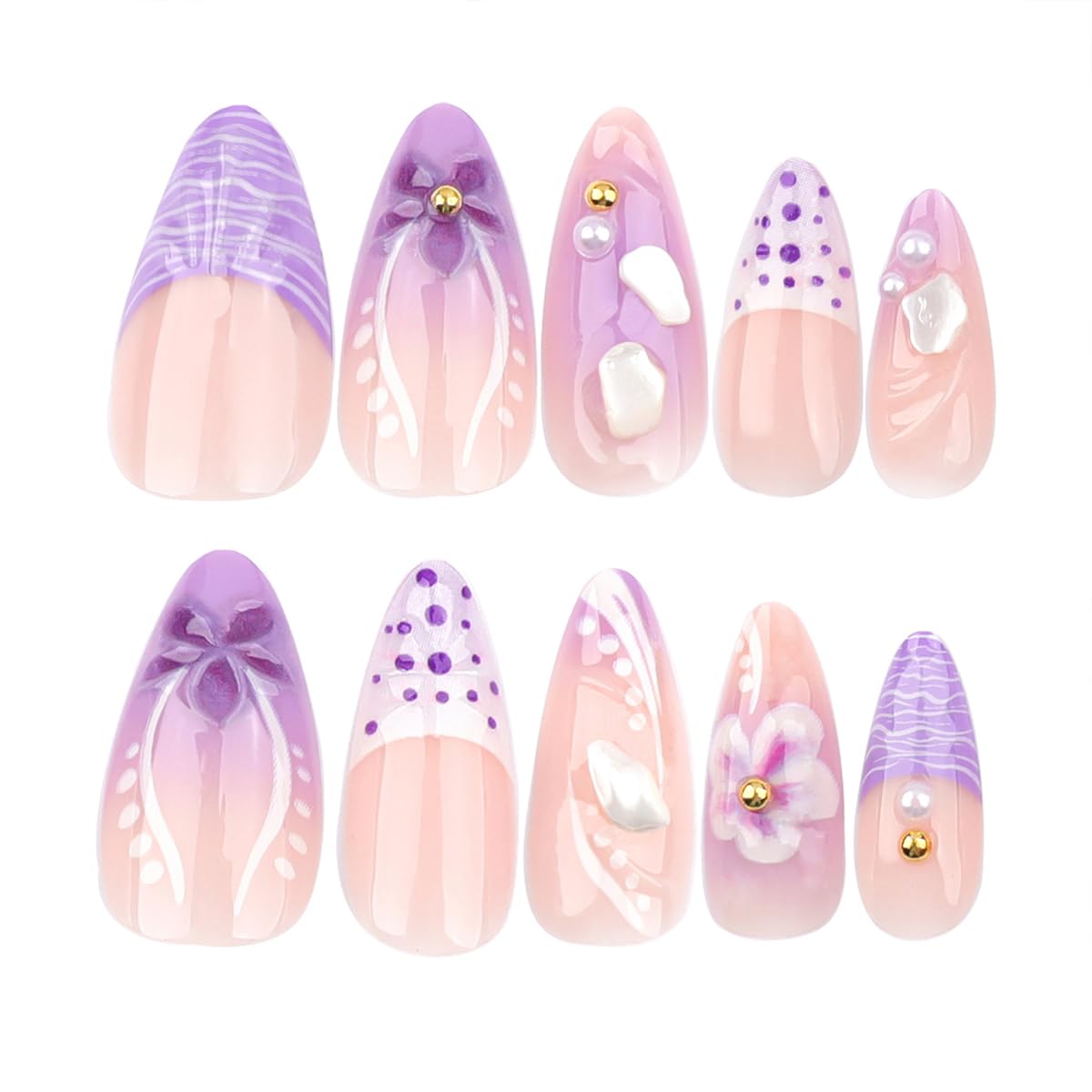 24Pcs French Tip Press on Nails Almond Medium Flower Fake Nails Purple Gradient False Nails with 3D Flowers Pearl Nail Designs Luxury Glue on Nails Acrylic Artificial Nails for Women - Image 3