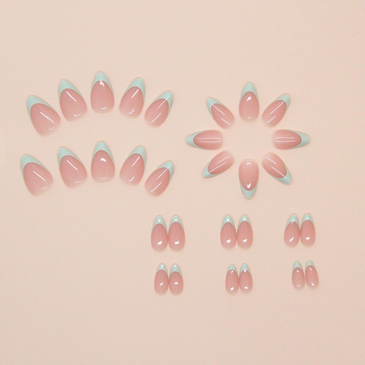 30Pcs Mint Green Press on Nails French Tip Fake Nails Short Almond Shape Acrylic False Nails Natural Artificial Glue on Nails Press on Nude Pink Stick on Nails DIY Art for Women Girls - Image 3