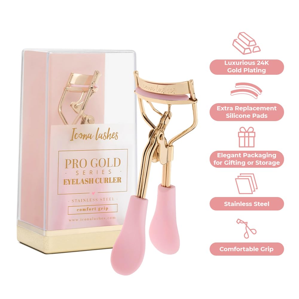 Eyelash Curler - 24K Gold-Plated Stainless Steel Precision Eye Lash Curler for Lush, Luxurious Lashes - Silicone Eyelash Curler Pads, Ergonomic Cushioned Handles - with Replacement Pads - Image 4