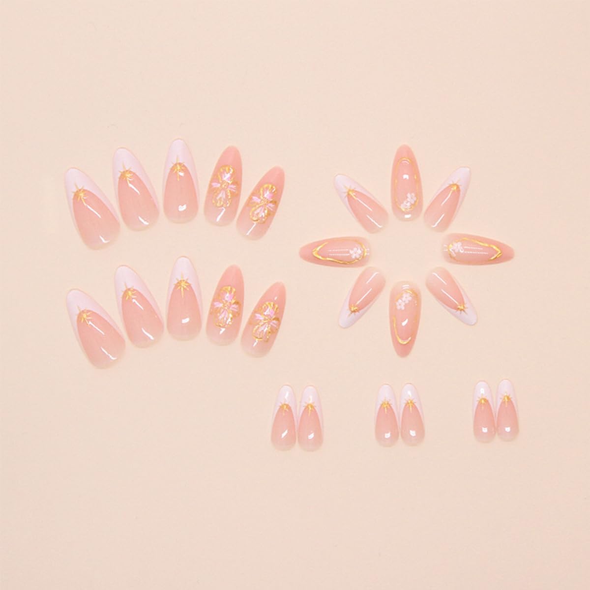 Gold Flower Press on Nails Almond Medium NEWSPIED Fake Nails French Tips Nails Press on Acrylic False Nails with Chrome Gold Line Star Designs Glossy Pink Glue on Nails for Women DIY Manicure 24Pcs - Image 3