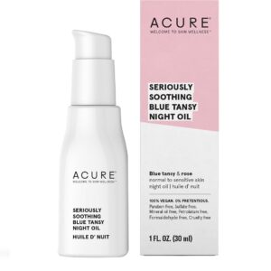 Acure Seriously Soothing Tansy Night Rose Oil - Soothes, Deep Hydrate & Moisturize Dry, Acne Prone, Sensitive Skin - Antioxidant Night Cream Serum Oil Blend with Blue Tansy & Rose - 100% Vegan, 1 oz