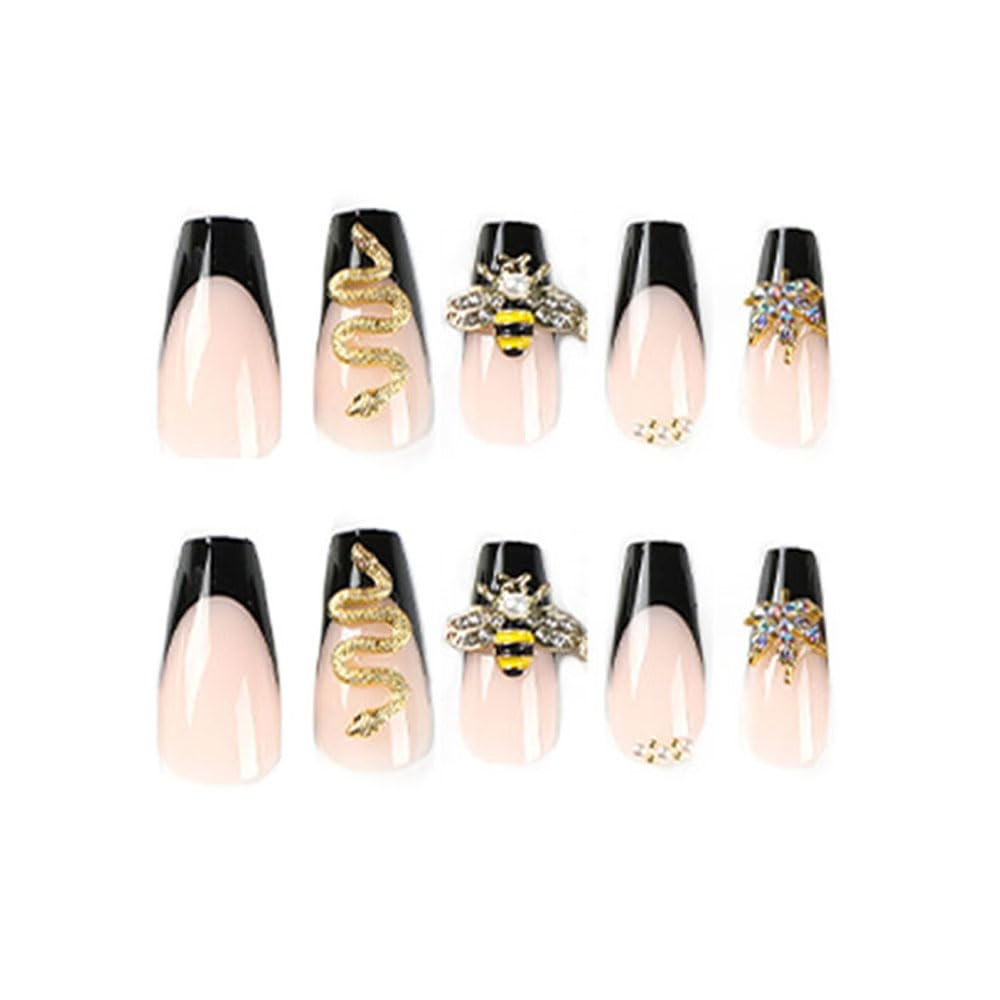 Press on Nails Medium Long Coffin French Tips Black Fake Nails with 3D Gold Alloy Charms Glue on Nails for Women Girls Acrylic False Stick on Nail Manicure Decorations for Wedding 24Pcs - Image 3
