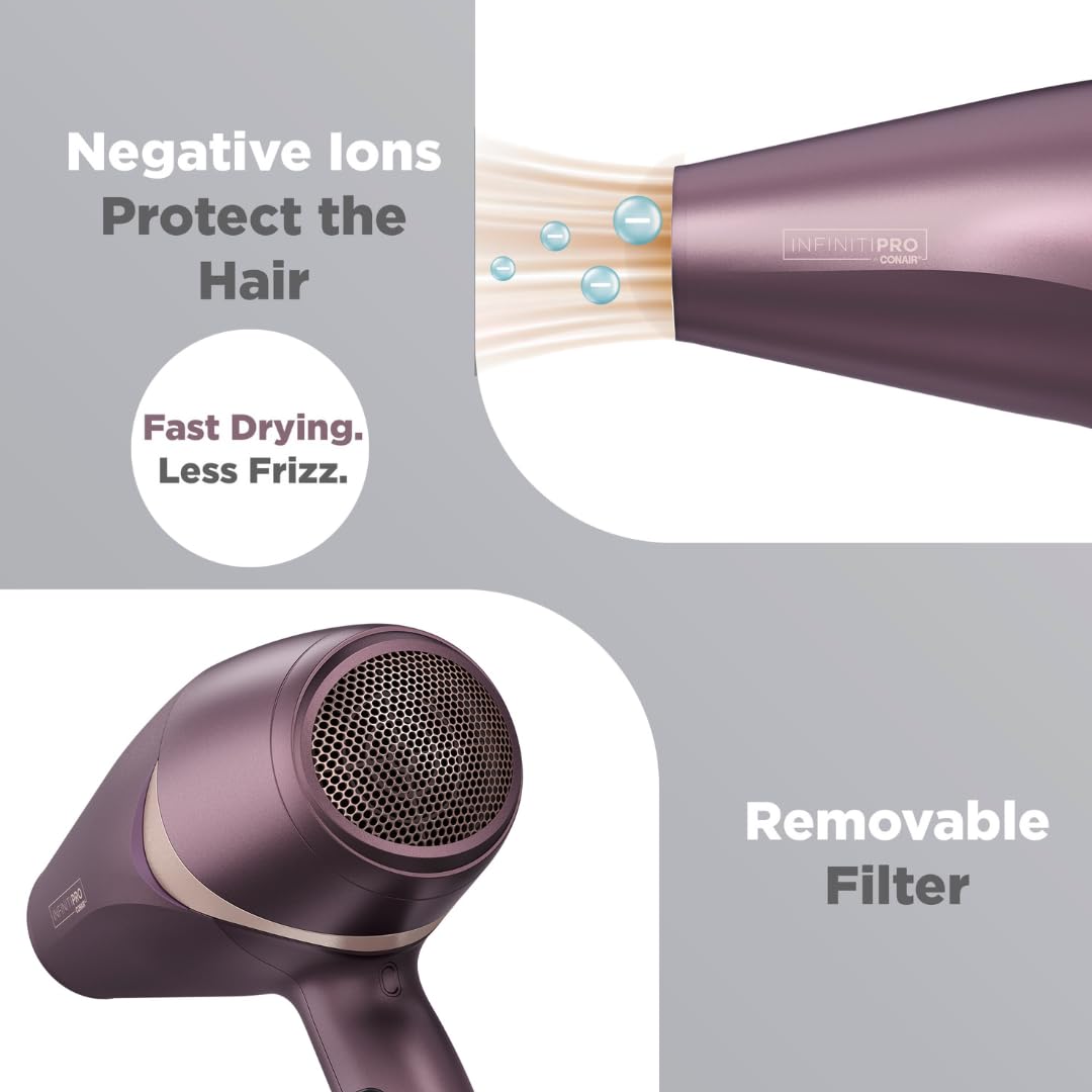 INFINITIPRO by CONAIR Hair Dryer with Diffuser, Quick Style & Shine Blow Dryer, Frizz-Free Hair, Purple - Image 6