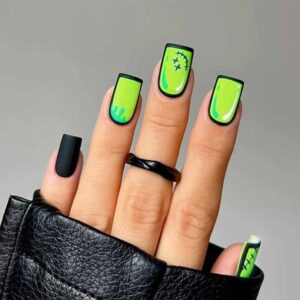 Comic Press on Nails Medium, Acrylic Fake Nails Square Cartoon False Nails Green,Artificial Nails for Women and Girls- 24 pcs