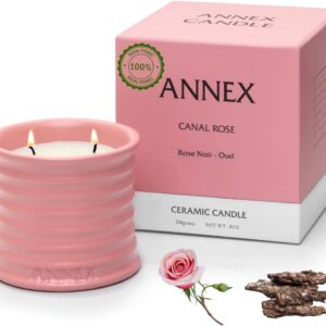 Scented Luxury Candles in Handmade Ceramic Jars, Soy Wax | Canal Rose – Rose Bud & Oud Scented, Large Candle | Non Toxic, 2 Wicks, Reusable Big Pink Jar | Natural Spring Aromatherapy for Women & Men