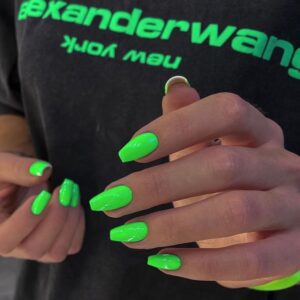 Neon Green Press on Nails Medium Coffin Fake Nails Press ons, KXAMELIE False Nail Medium Length Glue on Nails Natural Thick Long Acrylic Nail Coffin 24Pcs for Women
