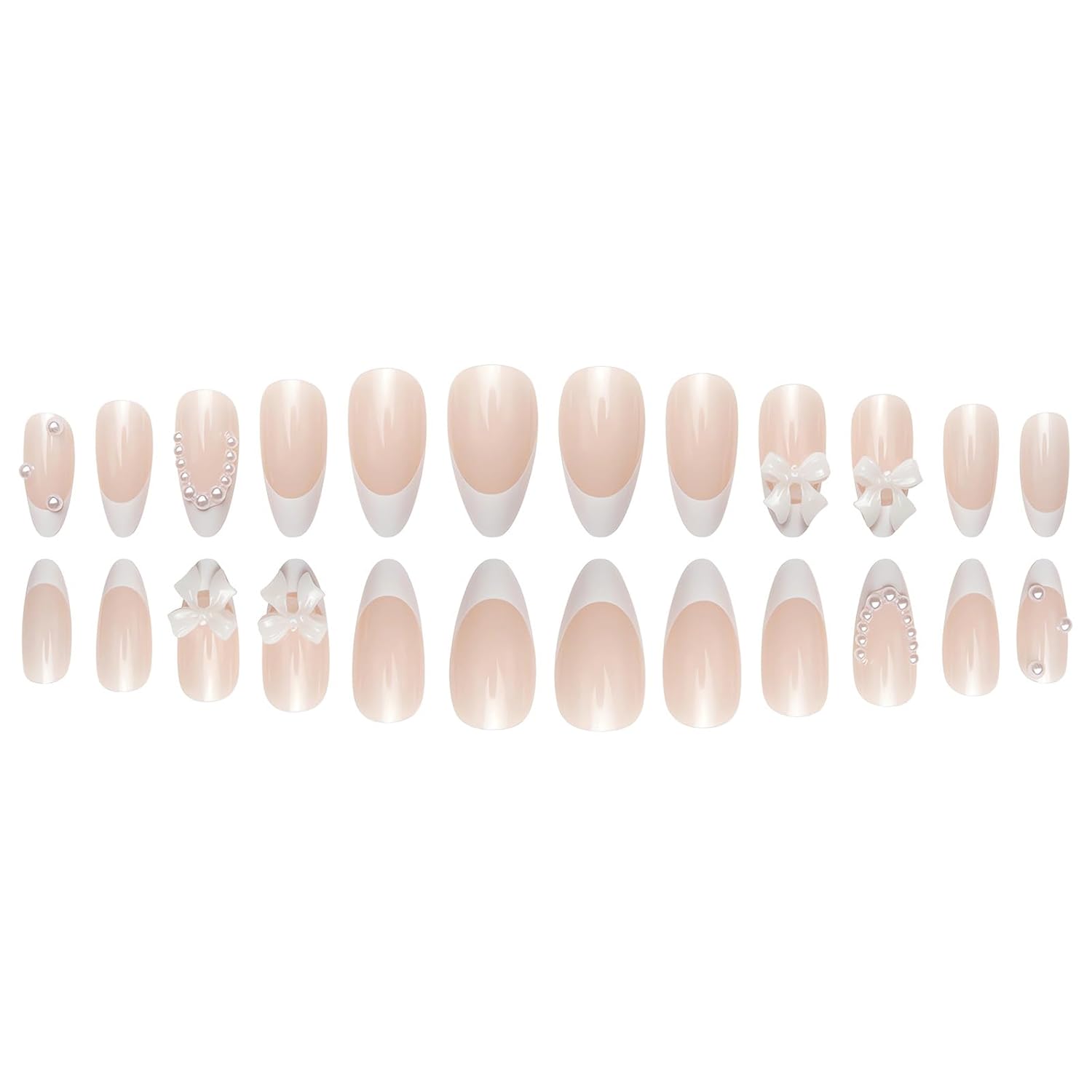 White French Tip Press on Nails Almond Medium Fake Nails with Charms 3D Bow Pearl Acrylic False Nails Cute Artificial Nails Press ons Reusable Glue on Nails for Women and Girls 24Pcs - Image 4