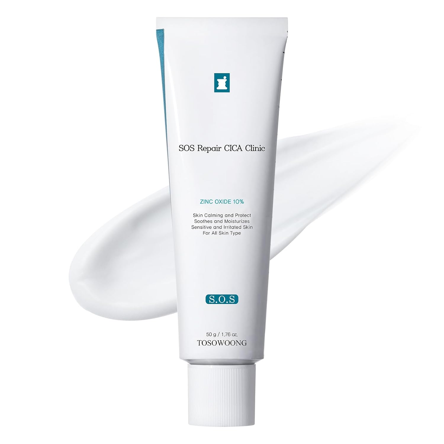 SOS Repair CICA Clinic Zinc Cream, 100,000ppm Zinc Oxide, Heal, Soothe Acne, Redness, Rosacea Treatment, Skin Barrier Repair, Moisture, Non-Comedogenic, Korean Skin care, 50g, 1.76 oz.