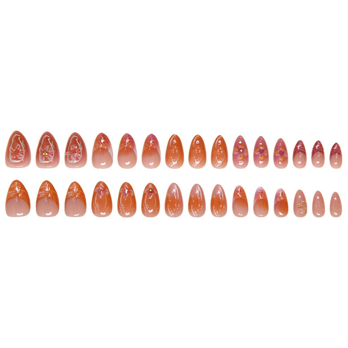 24Pcs Handmade Press on Nails Medium French Tip Fake Nails Almond Shaped 3D Flower Hibiscus with Gold Beads Glitter Design Glue on Nails Spring Summer False Nails for Women Girls Acrylic Manicure - Image 5