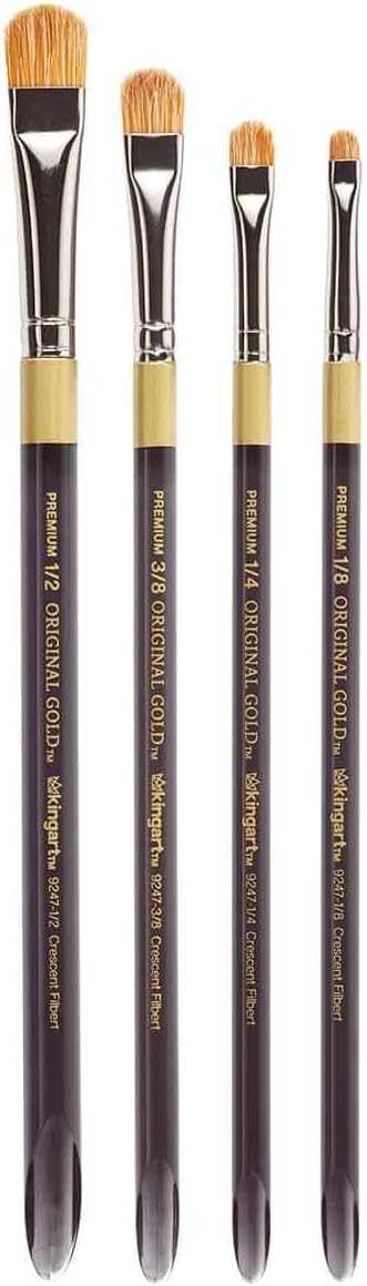 KINGART B-095 Premium 4 pc. Original Gold 9247 Series Crescent Filbert Blender Artist Brush Set, Synthetic Bristle/Taklon Hair for Acrylic and Oil Paint, Short Handle,4 Sizes: 1/8", 1/4", 3/8", 1/2"