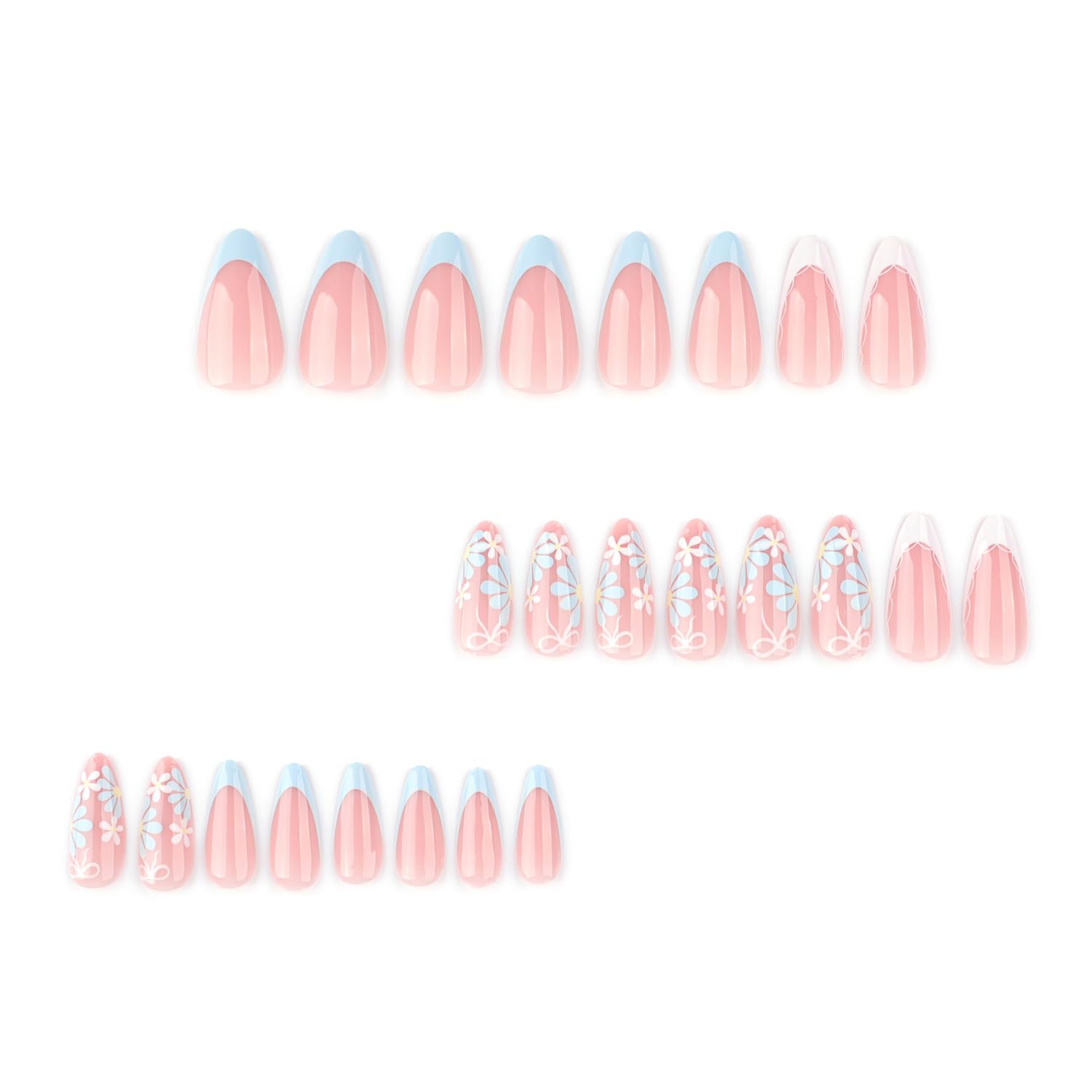 Flower Fake Nails Almond Daisy Press on Nails, White Blue French Tip Press on Nails Full Cover Glossy False Nails with Designs Spring Summer Acrylic Nails for Women DIY Manicure Decorations - Image 2