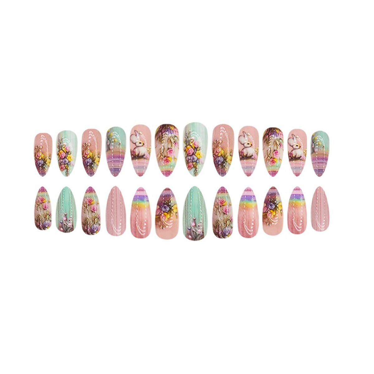 Almond Press on Nails Medium Length Fake Nails Easter Acrylic Nails with Cute Bunny Designs Colorful Flower Stick on Nails Artificial False Nails Glue on Nails for Women Girls 24Pcs - Image 5