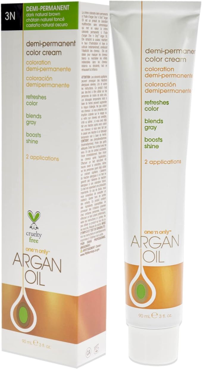 One N' Only Demi Permanent Hair Color - Permanent Hair Dye Made with Argan Oil - Delivers Rich, Accurate Tones with Gray Coverage - Improves Moisture & Elasticity - 3N Dark Natural Brown (3 oz)