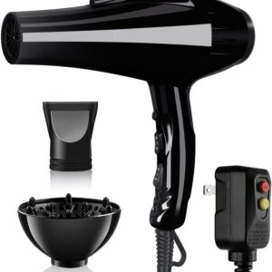 Hair Dryer, 3500 Watt Professional Salon Ionic Blow Dryer with AC Motor, 3 Heat Settings, 2 Speeds, Cool Shot Button, Tourmaline Ceramic, Concentrator & Diffuser Attachments, Black,110V