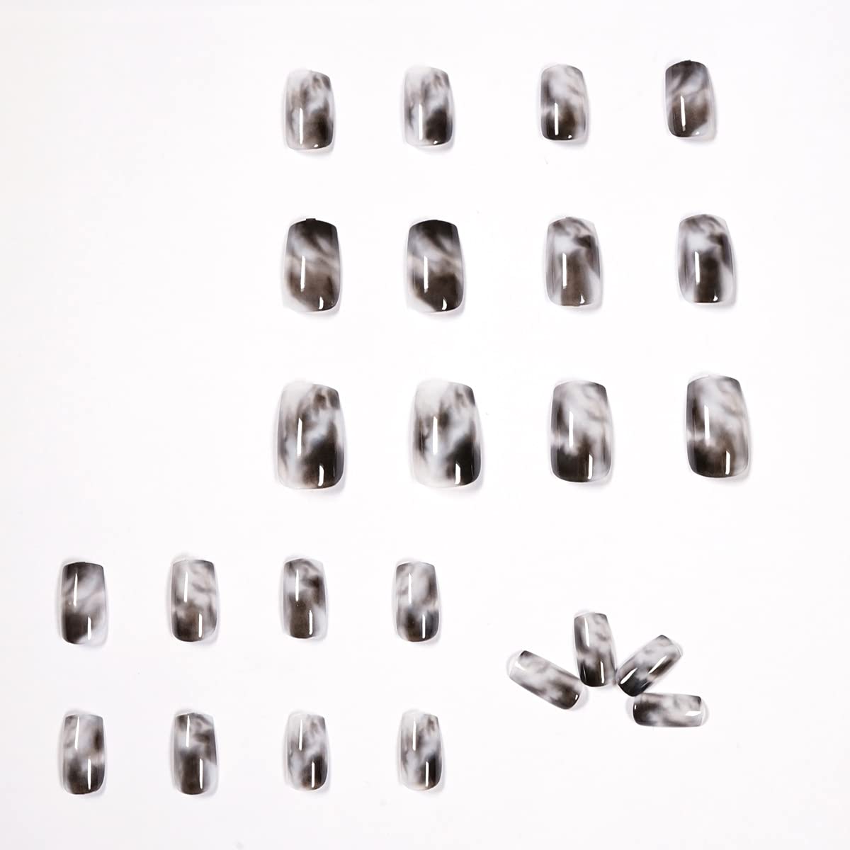 24Pcs Medium Black Coffin Press on Nails,Marble Glossy False Nails with Gradient Grey Design,Resuable Full Cover Fake Nails Set for Women,12 Sizes Nail Kit - Image 3