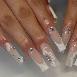 White Press on Nails Extra Long, Acrylic Fake Nails Coffin Crystal Flower Design False Nails,Artificial Nails for Women and Girls, 24 pcs