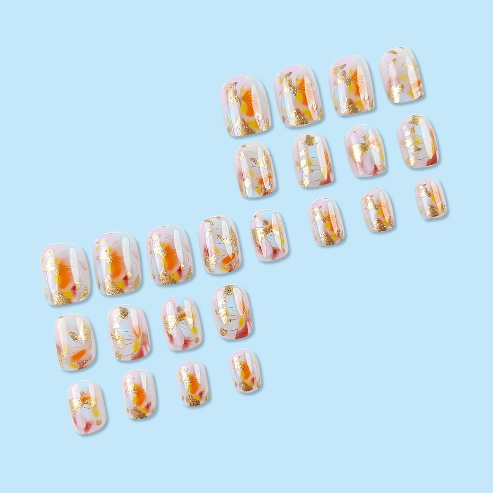 24 Pcs Press on Nails Extra Short Square,LINMEIZAI Fake Nails Press ons Nail Tips Glue on Nails Full Cover Acrylic Nail Kit False Nail with Gold Foil Leaves Flowers Glitter Nail Art Design for Women - Image 4
