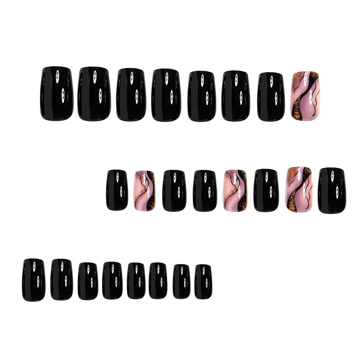 Press on Nails Short Square Fake Nails Black False Nails with Designs Marble Foil Glossy Glue on Nails Shiny Full Cover Acrylic Stick on Nails for Women Nail Art Decoration 24 Pcs - Image 3