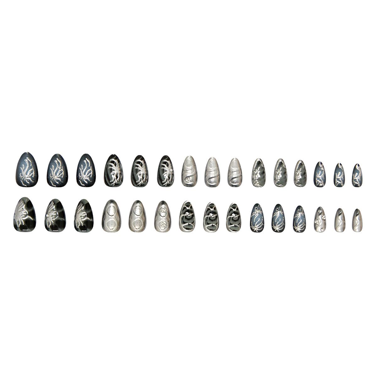 30Pcs Goth Press on Nails Medium Almond Fake Nails 3D Silver Alloy Chrome Glitter Design Y2k Glue on Nails Full Cover Glue on Nails Reusable Handmade Nails Black False Nails for Women Acrylic Nails - Image 5