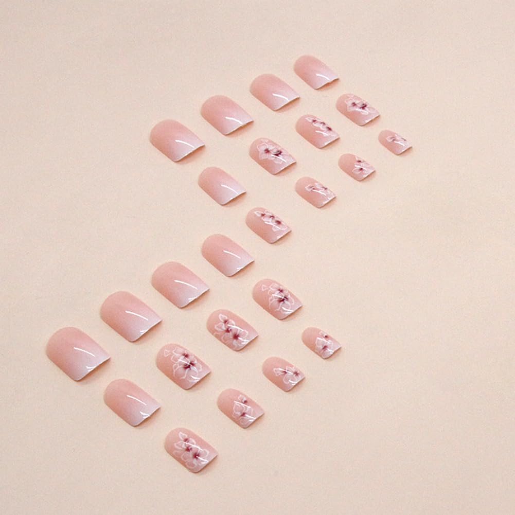 Acrylic Press on Nails Short Square Fake Nails White Ombre Glue on Nails Short False Nails with Flower Gloss Designs Nails Press on Artificial Nails Stick on Nails for Women 24Pcs - Image 3